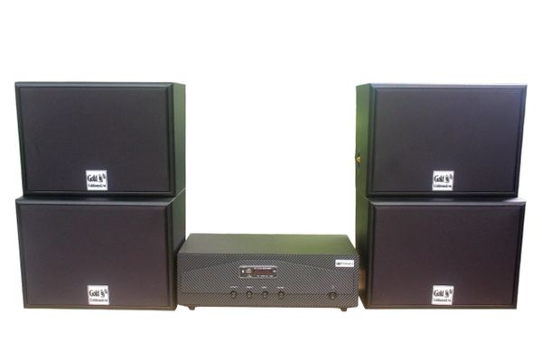 Dàn loa sân vườn: Amply A918 Goldsound 2 vùng âm lượng 1200w + 4 loa Goldsound chống nước ngoài trời V130NT 130w, loa được thiết kế riêng cho quán, bật lớn không tạp âm, miễn phí công lắp đặt, bảo hành 12 tháng.