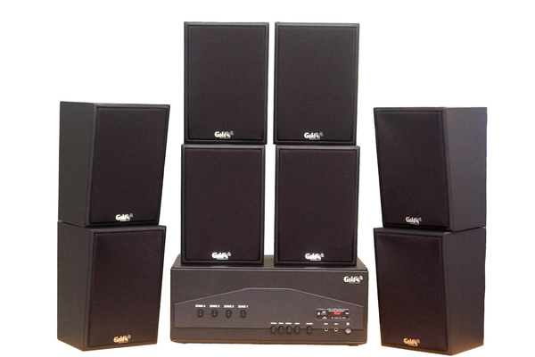 Dàn loa treo tường thông báo phát nhạc nền tự động: Amply A917PU-4K Goldsound 4 vùng âm lượng 1500w + 8 loa Goldsound V70C-PU, loa được thiết kế riêng cho quán, bật lớn không tạp âm