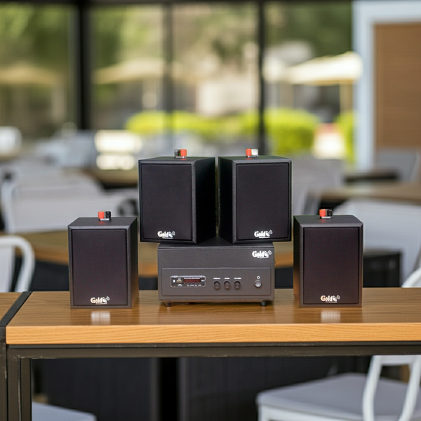 Dàn loa treo tường: Amply A156PU Goldsound 200w + 4 loa Goldsound V24c - 24w, loa được thiết kế riêng cho quán, bật lớn không tạp âm, bảo hành dài hạn 5 năm.