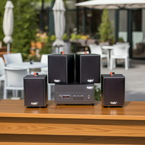 Dàn loa treo tường: Amply A156PU Goldsound 200w + 4 loa Goldsound V24c - 24w, loa được thiết kế riêng cho quán, bật lớn không tạp âm, bảo hành dài hạn 5 năm.