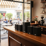 Dàn loa treo tường: Amply AMT154_SG Goldsound 150w + 4 loa Goldsound V24C_SG 24w, loa được thiết kế riêng cho quán, bật lớn không tạp âm, miễn phí công lắp đặt, bảo hành dài hạn 5 năm.