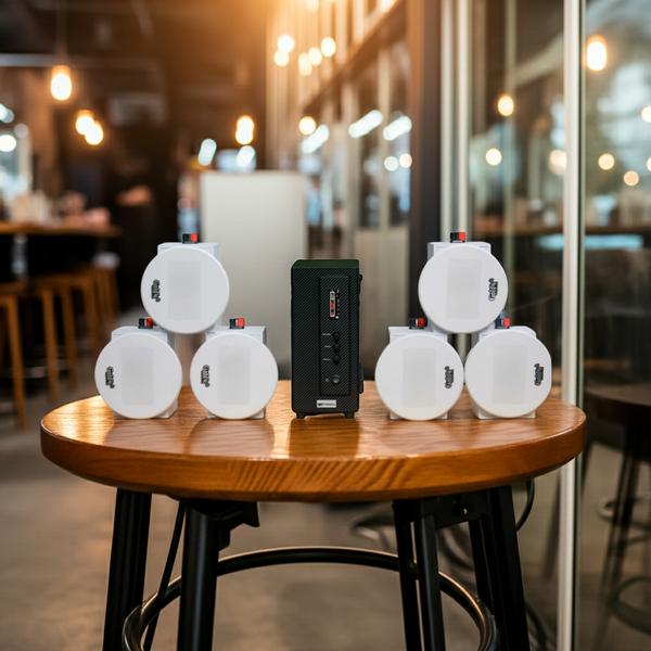 Dàn loa âm trần thông báo phát nhạc nền tự động Gold4cafe AM6.0 TH Goldsound (01 Amply + 6 loa âm trần 13w), loa được thiết kế riêng cho quán, bật lớn không tạp âm, bảo hành dài hạn 5 năm.