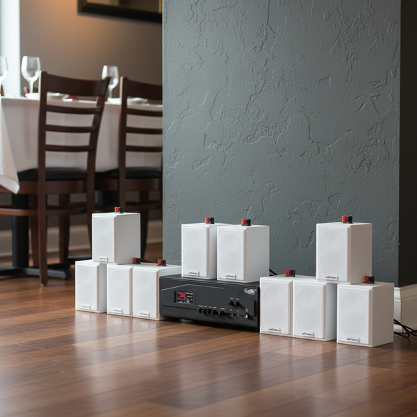 Loa treo tường thông báo phát nhạc nền tự động Gold4cafe 10.0 bản màu trắng (01 amply + 10 loa), Amply 1200w - 2 vùng âm lượng, loa được thiết kế riêng cho quán, bật lớn không tạp âm, bảo hành dài hạn 5 năm.