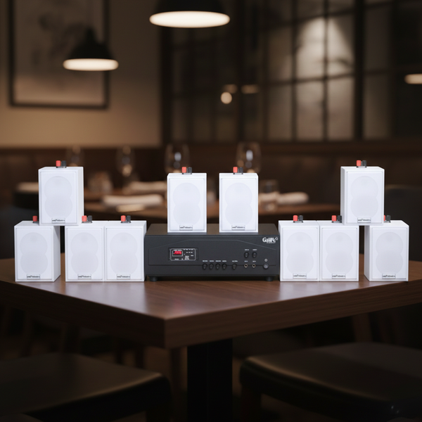 Loa treo tường thông báo phát nhạc nền tự động Gold4cafe 10.0 bản màu trắng (01 amply + 10 loa), Amply 1200w - 2 vùng âm lượng, loa được thiết kế riêng cho quán, bật lớn không tạp âm, bảo hành dài hạn 5 năm.