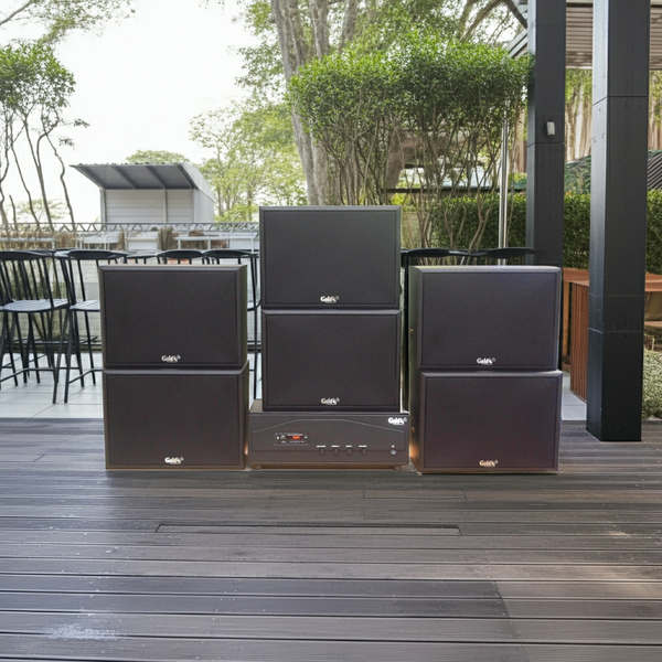 Dàn loa treo tường: Amply A918PU - 2K Goldsound 2 vùng âm lượng 1200w + 6 loa Goldsound V130 - 130w, loa được thiết kế riêng cho quán, bật lớn không tạp âm, miễn phí công lắp đặt, bảo hành dài hạn 5 năm.