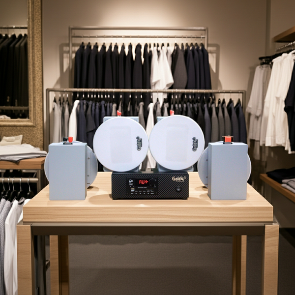 [Diện tích 60m2 + 1 Kênh] Loa thông báo, loa phát nhạc nền tự động Gold4Cafe 4.0: Amply A2.0 SG + 4 loa âm trần VAT12 SG, loa được thiết kế riêng cho quán, bật lớn không tạp âm, bảo hành dài hạn 5 năm.