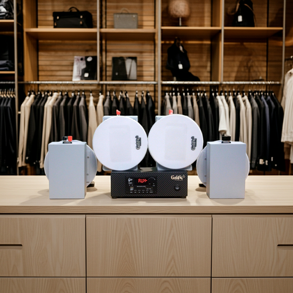 [Diện tích 60m2 + 1 Kênh] Loa thông báo, loa phát nhạc nền tự động Gold4Cafe 4.0: Amply A2.0 SG + 4 loa âm trần VAT12 SG, loa được thiết kế riêng cho quán, bật lớn không tạp âm, bảo hành dài hạn 5 năm.