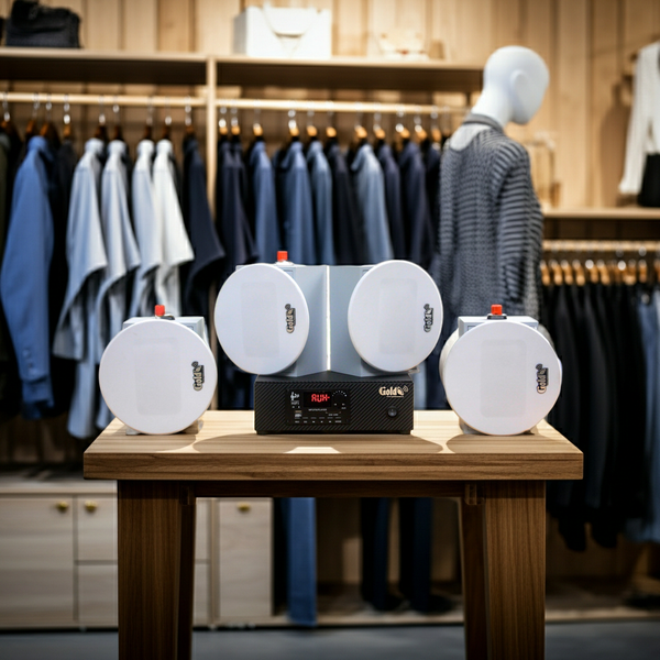 [Diện tích 60m2 + 1 Kênh] Loa thông báo, loa phát nhạc nền tự động Gold4Cafe 4.0: Amply A2.0 + 4 loa âm trần VAT12, loa được thiết kế riêng cho quán, bật lớn không tạp âm, bảo hành dài hạn 5 năm.