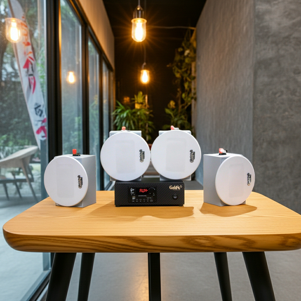 [Diện tích 60m2 + 1 Kênh] Loa thông báo, loa phát nhạc nền tự động Gold4Cafe 4.0: Amply A2.0 + 4 loa âm trần VAT12, loa được thiết kế riêng cho quán, bật lớn không tạp âm, bảo hành dài hạn 5 năm.