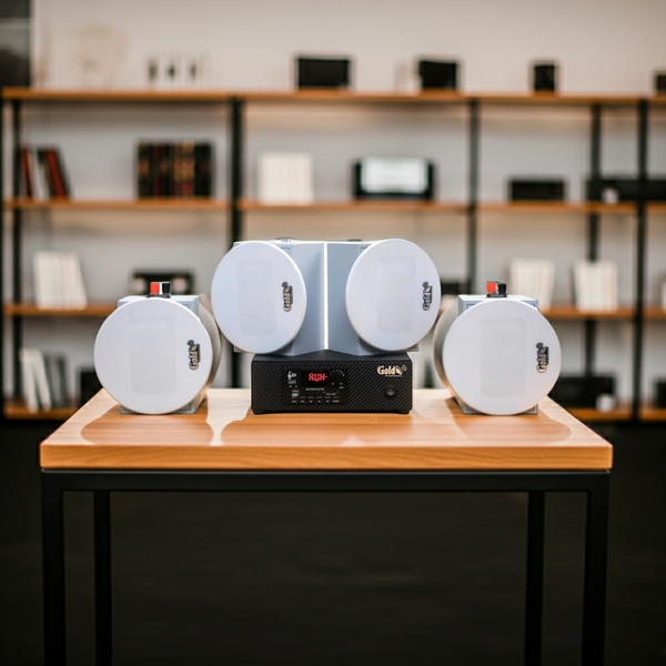 [Diện tích 60m2 + 1 Kênh] Loa thông báo, loa phát nhạc nền tự động Gold4Cafe 4.0: Amply A2.0 SG + 4 loa âm trần VAT12 SG, loa được thiết kế riêng cho quán, bật lớn không tạp âm, bảo hành dài hạn 5 năm.