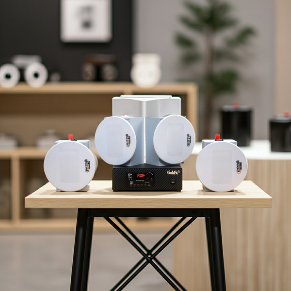 [Diện tích 60m2 + 1 Kênh] Loa thông báo, loa phát nhạc nền tự động Gold4Cafe 4.0: Amply A2.0 SG + 4 loa âm trần VAT12 SG, loa được thiết kế riêng cho quán, bật lớn không tạp âm, bảo hành dài hạn 5 năm.