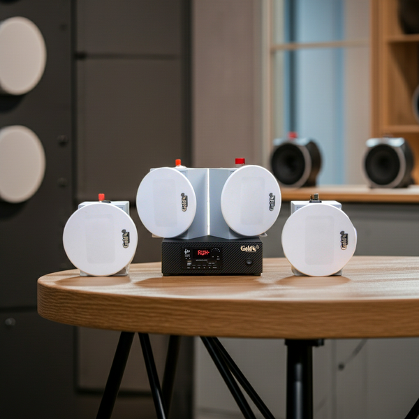 [Diện tích 60m2 + 1 Kênh] Loa thông báo, loa phát nhạc nền tự động Gold4Cafe 4.0: Amply A2.0 SG + 4 loa âm trần VAT12 SG, loa được thiết kế riêng cho quán, bật lớn không tạp âm, bảo hành dài hạn 5 năm.