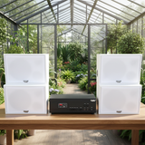 Dàn loa sân vườn: Amply A917PU-2K 2 vùng âm lượng 1200w + 4 loa ngoài trời V130NT màu trắng 130w, loa được thiết kế riêng cho quán, bật lớn không tạp âm, miễn phí công lắp đặt, bảo hành 12 tháng