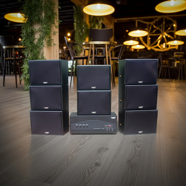 Dàn loa treo tường: Amply A917PU - 4K + 8 V130PU, Amply 4 - 6 vùng âm lượng, loa được thiết kế riêng, bật lớn không tạp âm, miễn phí công lắp đặt, bảo hành dài hạn 5 năm.