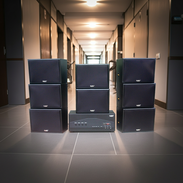 Dàn loa treo tường: Amply A917PU - 4K + 8 V130PU, Amply 4 - 6 vùng âm lượng, loa được thiết kế riêng, bật lớn không tạp âm, miễn phí công lắp đặt, bảo hành dài hạn 5 năm.