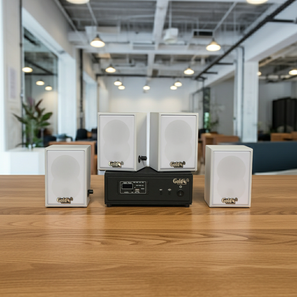 Dàn loa không dây treo tường, Loa thông báo, loa phát nhạc tự động: 01 amply A57 Goldsound + 4 loa không dây Goldsound V27 - 27w