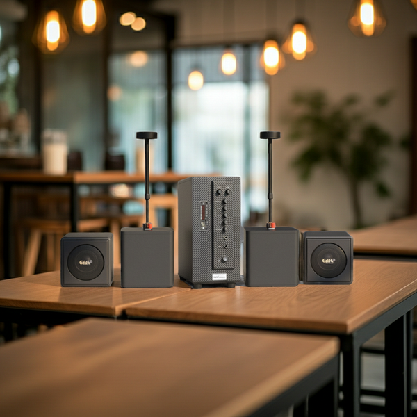 HÀNG TRƯNG BÀY: Dàn loa thả trần (treo trần) cho quán [Amply 380w + 4 loa thả trần 55w Goldsound] - BH 6 tháng