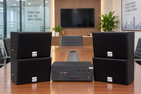 Dàn loa treo tường: Amply A384-4K Goldsound 4 vùng âm lượng 800w + 4 loa Goldsound V130 130w, Amply 4 - 6 vùng âm lượng, loa được thiết kế riêng cho quán, bật lớn không tạp âm, miễn phí công lắp đặt, bảo hành dài hạn 5 năm