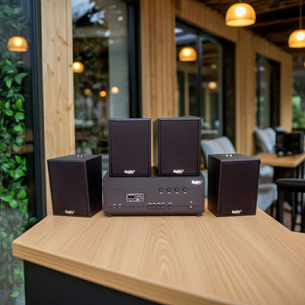 Loa thông báo, loa phát nhạc nền tự động A384PU-4K Goldsound 800w + 4 loa Goldsound V55C 55w, loa được thiết kế riêng cho quán, bật lớn không tạp âm, miễn phí công lắp đặt, bảo hành dài hạn 5 năm