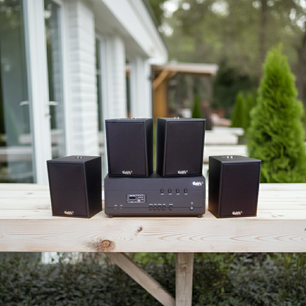 Loa thông báo, loa phát nhạc nền tự động A384PU-4K Goldsound 800w + 4 loa Goldsound V55C 55w, loa được thiết kế riêng cho quán, bật lớn không tạp âm, miễn phí công lắp đặt, bảo hành dài hạn 5 năm