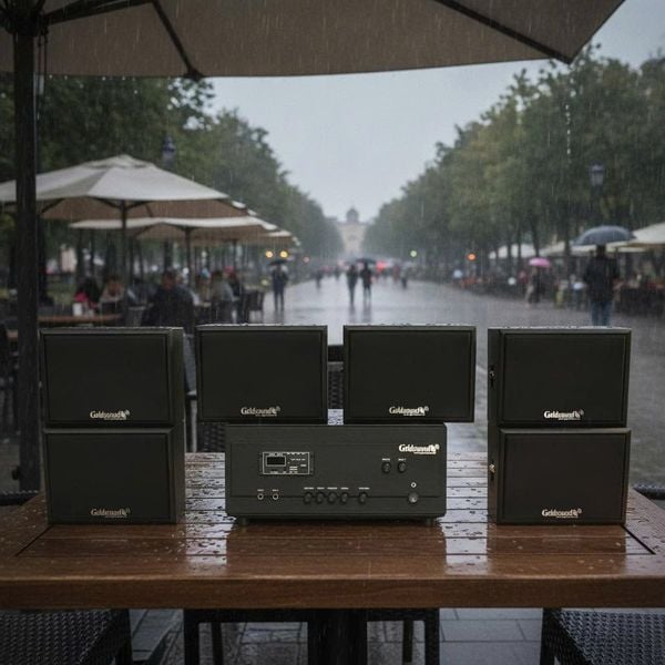 Dàn loa sân vườn: Amply A907PU-2K Goldsound 900w + 6 loa treo tường ngoài trời V102NT Goldsound - 17w, loa được thiết kế riêng cho quán, bật lớn không tạp âm, không bao gồm công lắp đặt, bảo hành 12 tháng