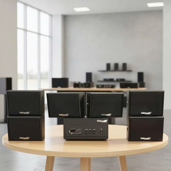 Dàn loa sân vườn: Amply A156PU Goldsound 200w + 6 loa treo tường ngoài trời V102NT Goldsound - 17w, loa được thiết kế riêng cho quán, bật lớn không tạp âm, không bao gồm công lắp đặt, bảo hành 12 tháng