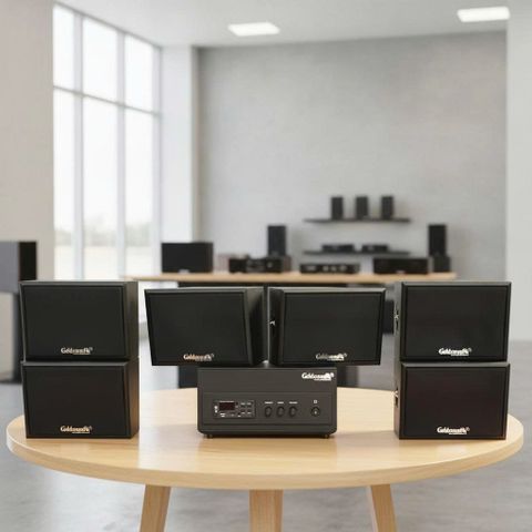 Dàn loa sân vườn: Amply A156PU Goldsound 200w + 6 loa treo tường ngoài trời V102NT Goldsound - 17w, loa được thiết kế riêng cho quán, bật lớn không tạp âm, không bao gồm công lắp đặt, bảo hành 12 tháng