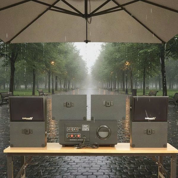 Dàn loa sân vườn: Amply A907PU-2K Goldsound 900w + 6 loa treo tường ngoài trời V102NT Goldsound - 17w, loa được thiết kế riêng cho quán, bật lớn không tạp âm, không bao gồm công lắp đặt, bảo hành 12 tháng