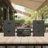 Dàn loa sân vườn: Amply A384PU-2K Goldsound 380w + 4 loa treo tường ngoài trời V102NT Goldsound - 17w, loa được thiết kế riêng cho quán, bật lớn không tạp âm, không bao gồm công lắp đặt, bảo hành 12 tháng