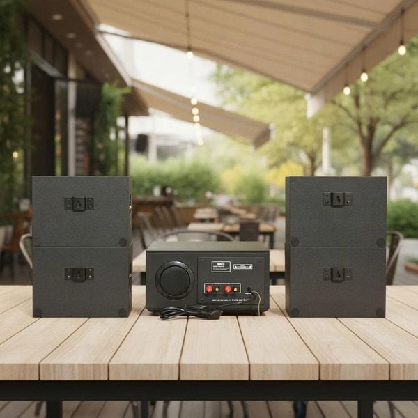 Dàn loa sân vườn: Amply A384PU-2K Goldsound 380w + 4 loa treo tường ngoài trời V102NT Goldsound - 17w, loa được thiết kế riêng cho quán, bật lớn không tạp âm, không bao gồm công lắp đặt, bảo hành 12 tháng