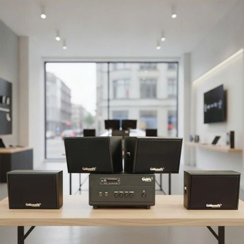 Dàn loa sân vườn: Amply A154PU Goldsound 150w + 4 loa treo tường ngoài trời V102NT Goldsound - 17w, loa được thiết kế riêng cho quán, bật lớn không tạp âm, không bao gồm công lắp đặt, bảo hành 12 tháng