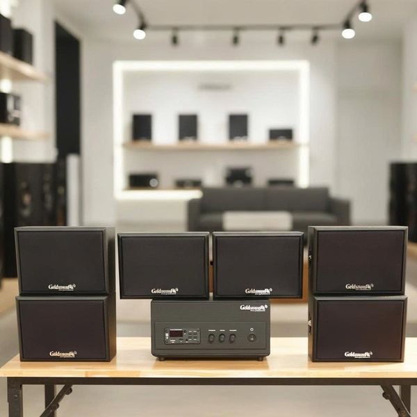 Dàn loa sân vườn: Amply A156PU Goldsound 200w + 6 loa treo tường ngoài trời V102NT Goldsound - 17w, loa được thiết kế riêng cho quán, bật lớn không tạp âm, không bao gồm công lắp đặt, bảo hành 12 tháng