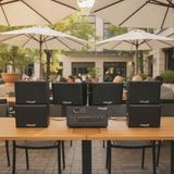 Dàn loa sân vườn: Amply A384PU-2K Goldsound 380w + 6 loa treo tường ngoài trời V102NT Goldsound - 17w, loa được thiết kế riêng cho quán, bật lớn không tạp âm, không bao gồm công lắp đặt, bảo hành 12 tháng