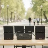 Dàn loa sân vườn: Amply A907PU-2K Goldsound 900w + 6 loa treo tường ngoài trời V102NT Goldsound - 17w, loa được thiết kế riêng cho quán, bật lớn không tạp âm, không bao gồm công lắp đặt, bảo hành 12 tháng