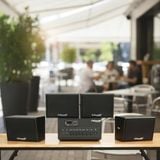 Dàn loa sân vườn: Amply A384PU-2K Goldsound 380w + 4 loa treo tường ngoài trời V102NT Goldsound - 17w, loa được thiết kế riêng cho quán, bật lớn không tạp âm, không bao gồm công lắp đặt, bảo hành 12 tháng
