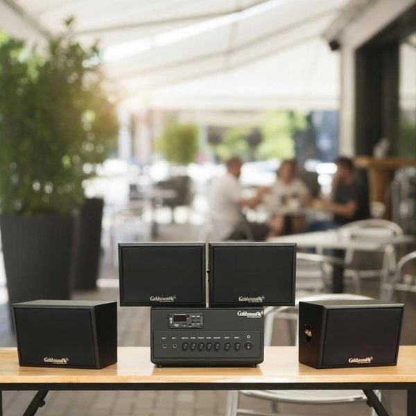 Dàn loa sân vườn: Amply A384PU-2K Goldsound 380w + 4 loa treo tường ngoài trời V102NT Goldsound - 17w, loa được thiết kế riêng cho quán, bật lớn không tạp âm, không bao gồm công lắp đặt, bảo hành 12 tháng