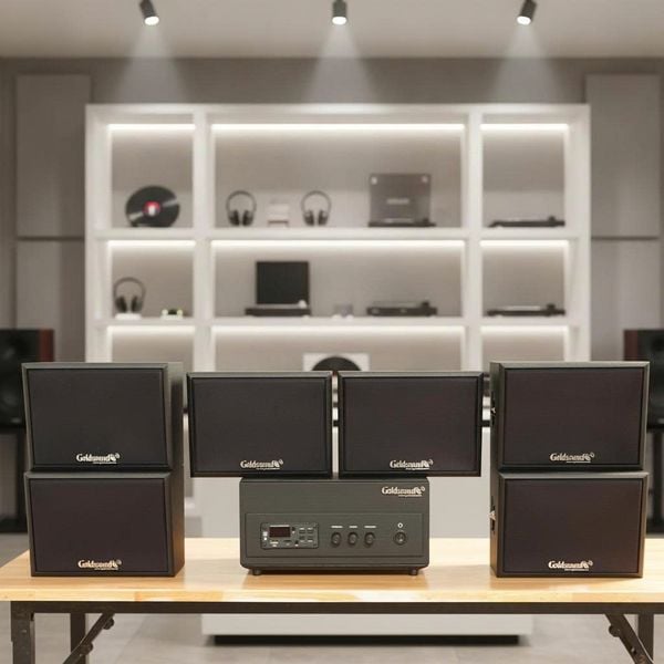 Dàn loa sân vườn: Amply A156PU Goldsound 200w + 6 loa treo tường ngoài trời V102NT Goldsound - 17w, loa được thiết kế riêng cho quán, bật lớn không tạp âm, không bao gồm công lắp đặt, bảo hành 12 tháng