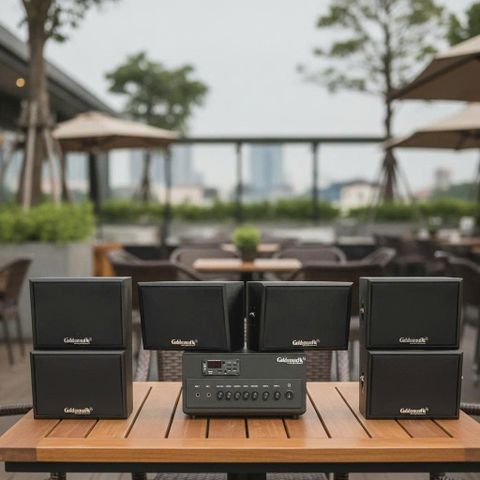 Dàn loa sân vườn: Amply A384PU-2K Goldsound 380w + 6 loa treo tường ngoài trời V102NT Goldsound - 17w, loa được thiết kế riêng cho quán, bật lớn không tạp âm, không bao gồm công lắp đặt, bảo hành 12 tháng
