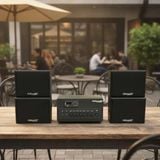 Dàn loa sân vườn: Amply A384PU-2K Goldsound 380w + 4 loa treo tường ngoài trời V102NT Goldsound - 17w, loa được thiết kế riêng cho quán, bật lớn không tạp âm, không bao gồm công lắp đặt, bảo hành 12 tháng