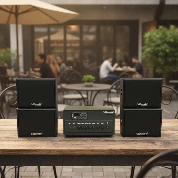 Dàn loa sân vườn: Amply A384PU-2K Goldsound 380w + 4 loa treo tường ngoài trời V102NT Goldsound - 17w, loa được thiết kế riêng cho quán, bật lớn không tạp âm, không bao gồm công lắp đặt, bảo hành 12 tháng