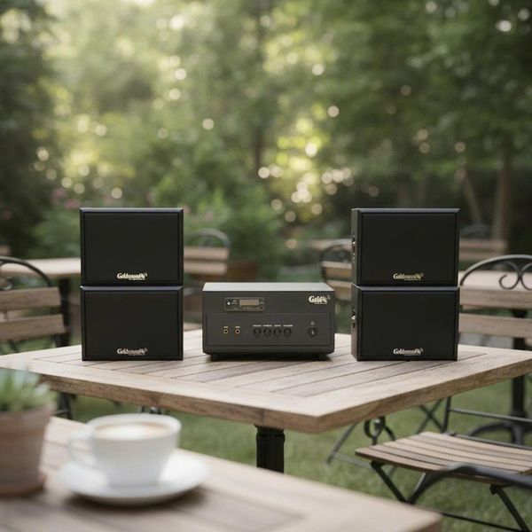 Dàn loa sân vườn: Amply A154PU Goldsound 150w + 4 loa treo tường ngoài trời V102NT Goldsound - 17w, loa được thiết kế riêng cho quán, bật lớn không tạp âm, không bao gồm công lắp đặt, bảo hành 12 tháng