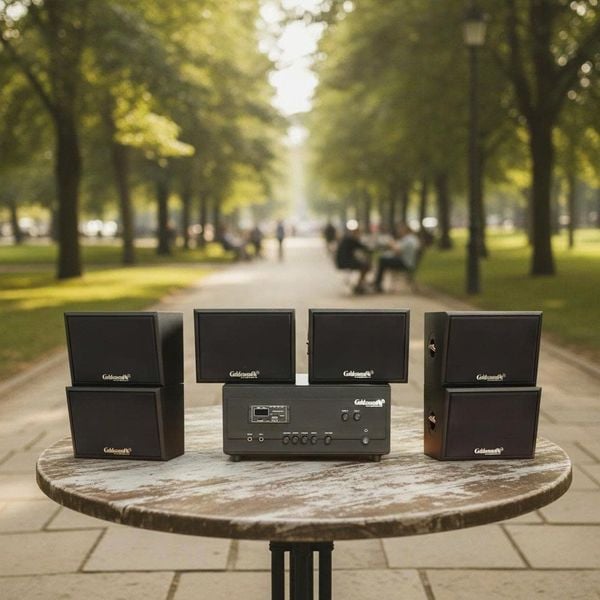 Dàn loa sân vườn: Amply A907PU-2K Goldsound 900w + 6 loa treo tường ngoài trời V102NT Goldsound - 17w, loa được thiết kế riêng cho quán, bật lớn không tạp âm, không bao gồm công lắp đặt, bảo hành 12 tháng