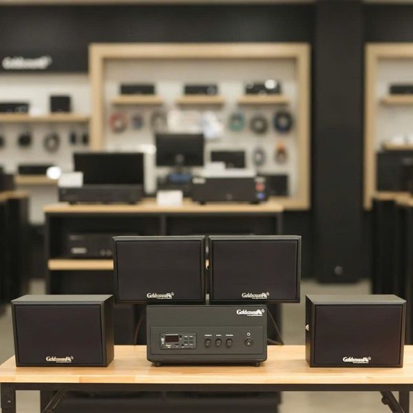 Dàn loa sân vườn: Amply A156PU Goldsound 200w + 4 loa treo tường ngoài trời V102NT Goldsound - 17w, loa được thiết kế riêng cho quán, bật lớn không tạp âm, không bao gồm công lắp đặt, bảo hành 12 tháng