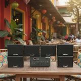 Dàn loa sân vườn: Amply A384PU-2K Goldsound 380w + 6 loa treo tường ngoài trời V102NT Goldsound - 17w, loa được thiết kế riêng cho quán, bật lớn không tạp âm, không bao gồm công lắp đặt, bảo hành 12 tháng