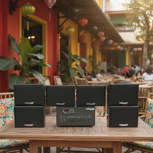 Dàn loa sân vườn: Amply A384PU-2K Goldsound 380w + 6 loa treo tường ngoài trời V102NT Goldsound - 17w, loa được thiết kế riêng cho quán, bật lớn không tạp âm, không bao gồm công lắp đặt, bảo hành 12 tháng