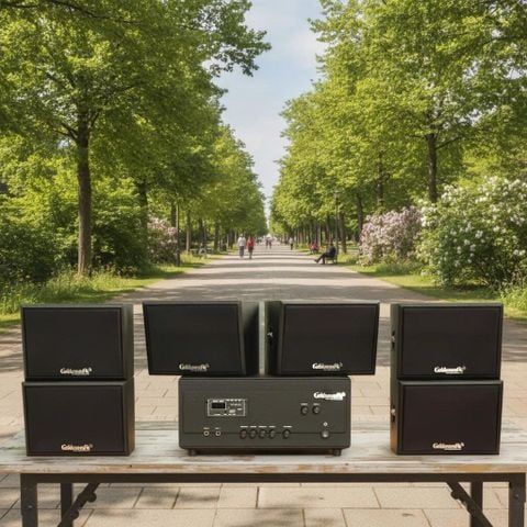 Dàn loa sân vườn: Amply A907PU-2K Goldsound 900w + 6 loa treo tường ngoài trời V102NT Goldsound - 17w, loa được thiết kế riêng cho quán, bật lớn không tạp âm, không bao gồm công lắp đặt, bảo hành 12 tháng