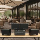 Dàn loa sân vườn: Amply A384PU-2K Goldsound 380w + 4 loa treo tường ngoài trời V102NT Goldsound - 17w, loa được thiết kế riêng cho quán, bật lớn không tạp âm, không bao gồm công lắp đặt, bảo hành 12 tháng
