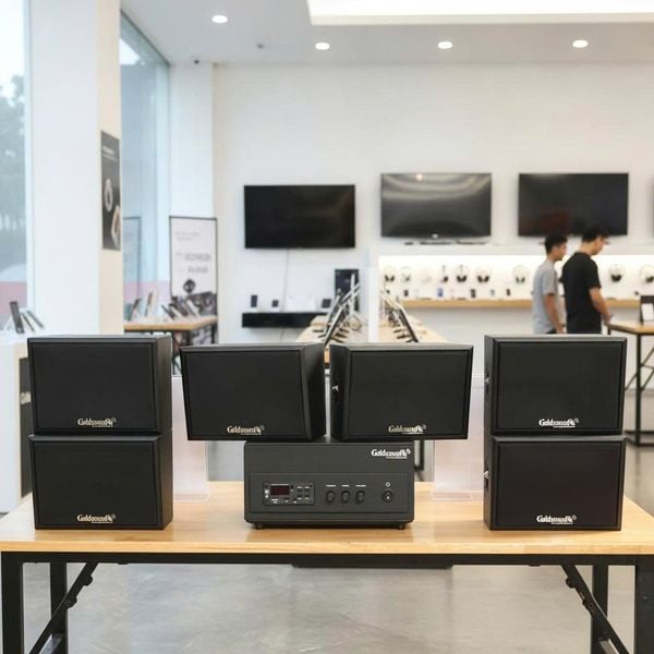 Dàn loa sân vườn: Amply A156PU Goldsound 200w + 6 loa treo tường ngoài trời V102NT Goldsound - 17w, loa được thiết kế riêng cho quán, bật lớn không tạp âm, không bao gồm công lắp đặt, bảo hành 12 tháng