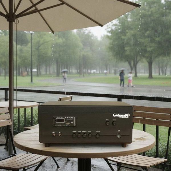 Dàn loa sân vườn: Amply A907PU-2K Goldsound 900w + 6 loa treo tường ngoài trời V102NT Goldsound - 17w, loa được thiết kế riêng cho quán, bật lớn không tạp âm, không bao gồm công lắp đặt, bảo hành 12 tháng