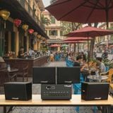 Dàn loa sân vườn: Amply A384PU-2K Goldsound 380w + 4 loa treo tường ngoài trời V102NT Goldsound - 17w, loa được thiết kế riêng cho quán, bật lớn không tạp âm, không bao gồm công lắp đặt, bảo hành 12 tháng